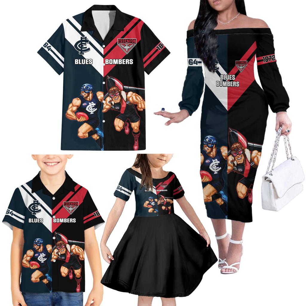 Custom Blues And Bombers Football Family Matching Off The Shoulder Long Sleeve Dress and Hawaiian Shirt 2024 Together Sporty