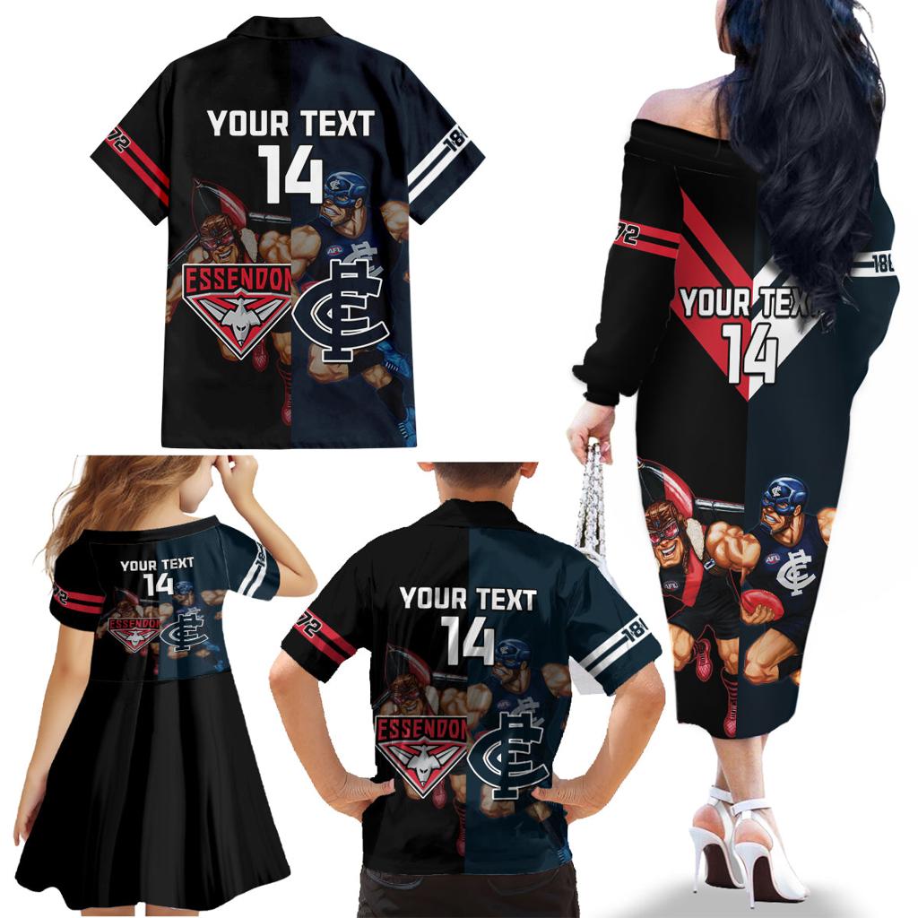 Custom Blues And Bombers Football Family Matching Off The Shoulder Long Sleeve Dress and Hawaiian Shirt 2024 Together Sporty