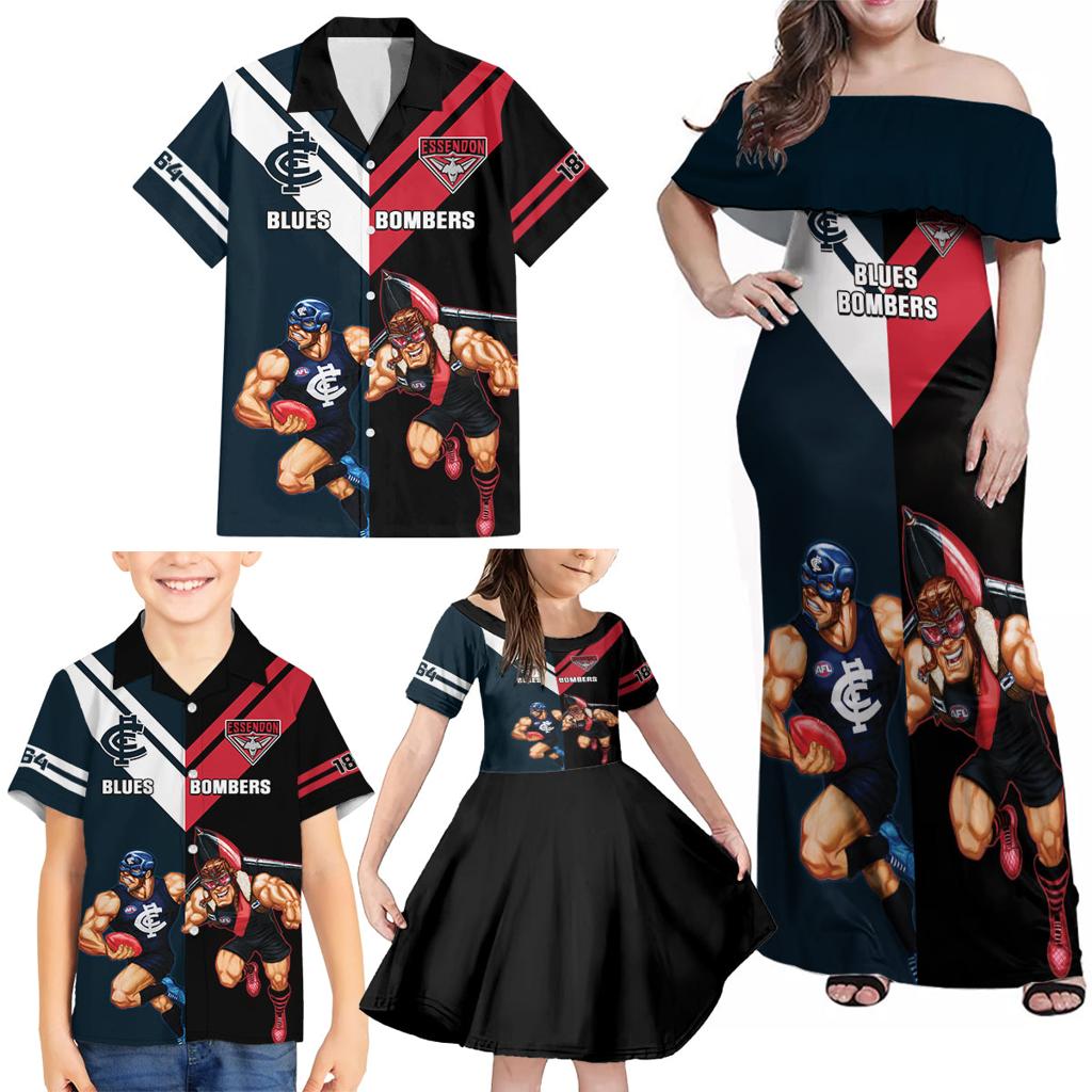 Custom Blues And Bombers Football Family Matching Off Shoulder Maxi Dress and Hawaiian Shirt 2024 Together Sporty