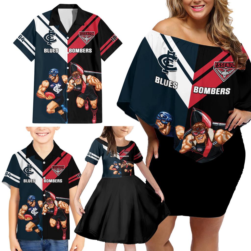 Custom Blues And Bombers Football Family Matching Off Shoulder Short Dress and Hawaiian Shirt 2024 Together Sporty