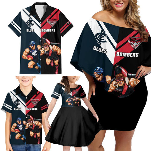 Custom Blues And Bombers Football Family Matching Off Shoulder Short Dress and Hawaiian Shirt 2024 Together Sporty