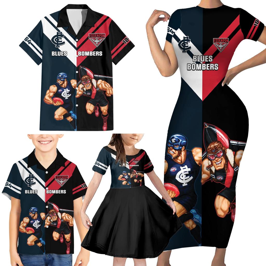 Custom Blues And Bombers Football Family Matching Short Sleeve Bodycon Dress and Hawaiian Shirt 2024 Together Sporty