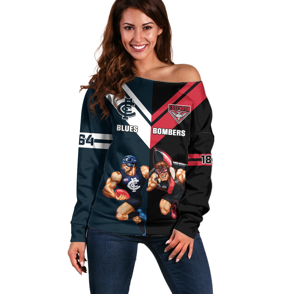 Custom Blues And Bombers Football Off Shoulder Sweater 2024 Together Sporty