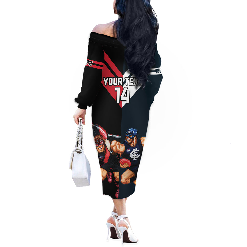 Custom Blues And Bombers Football Off The Shoulder Long Sleeve Dress 2024 Together Sporty