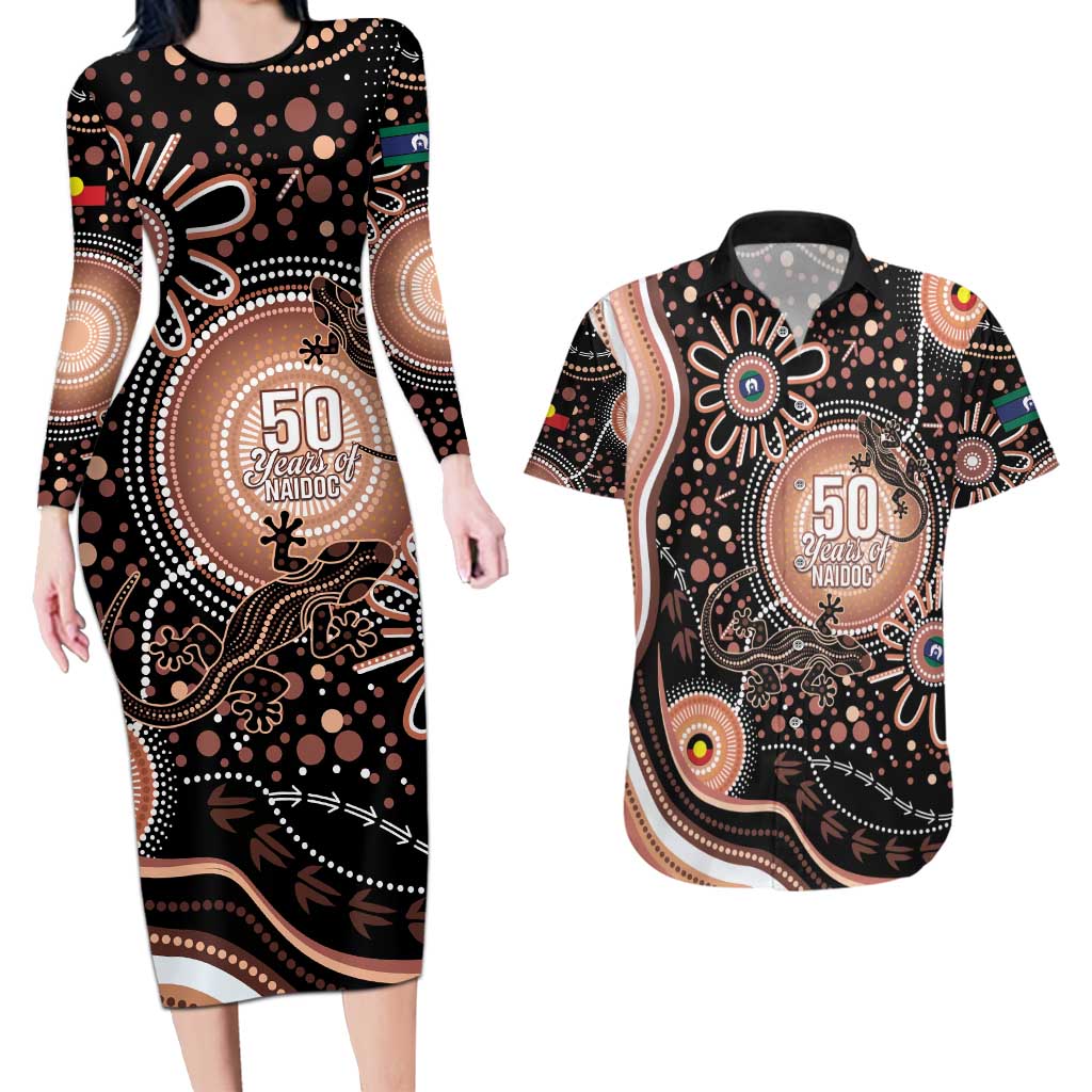 Australia NAIDOC Week Couples Matching Long Sleeve Bodycon Dress and Hawaiian Shirt Happy 50th Anniversary Brown Version
