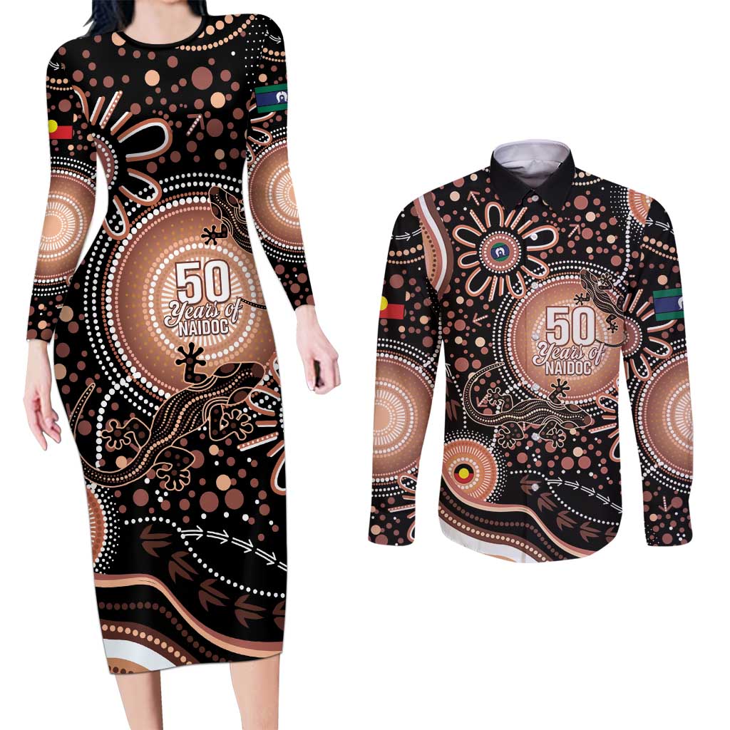 Australia NAIDOC Week Couples Matching Long Sleeve Bodycon Dress and Long Sleeve Button Shirt Happy 50th Anniversary Brown Version