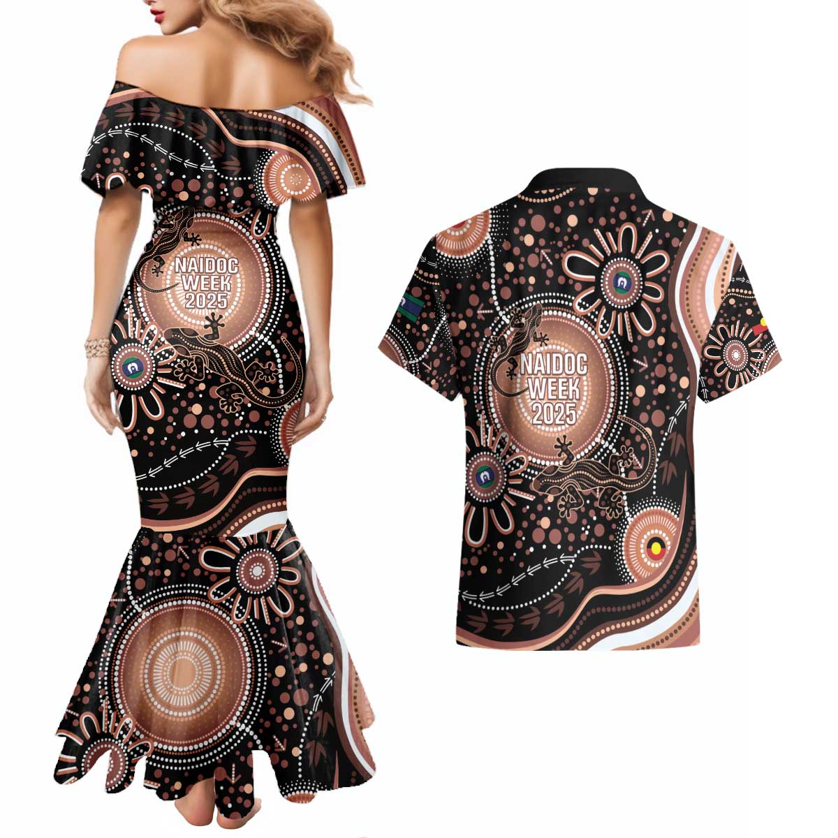 Australia NAIDOC Week Couples Matching Mermaid Dress and Hawaiian Shirt Happy 50th Anniversary Brown Version