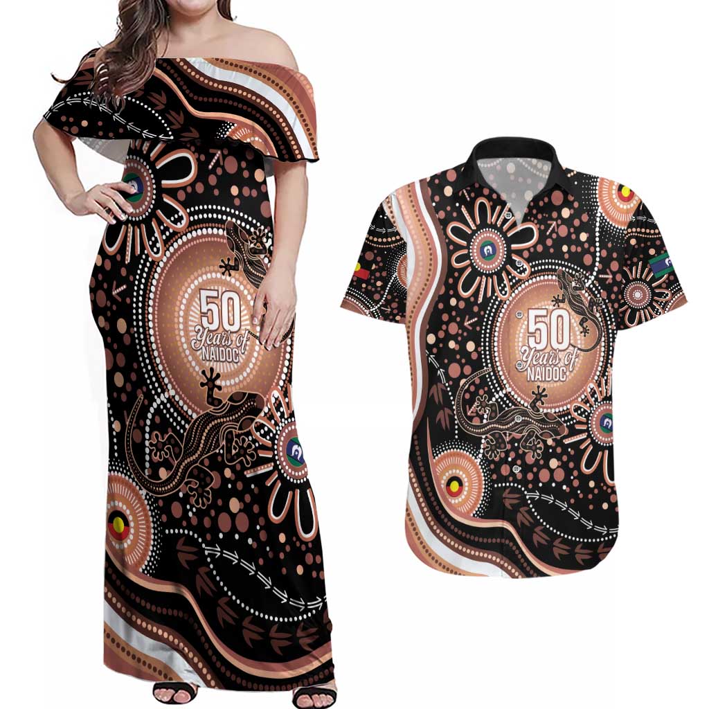 Australia NAIDOC Week Couples Matching Off Shoulder Maxi Dress and Hawaiian Shirt Happy 50th Anniversary Brown Version