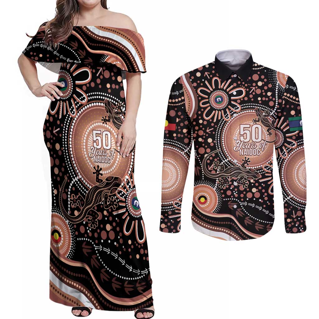 Australia NAIDOC Week Couples Matching Off Shoulder Maxi Dress and Long Sleeve Button Shirt Happy 50th Anniversary Brown Version