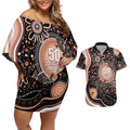 Australia NAIDOC Week Couples Matching Off Shoulder Short Dress and Hawaiian Shirt Happy 50th Anniversary Brown Version