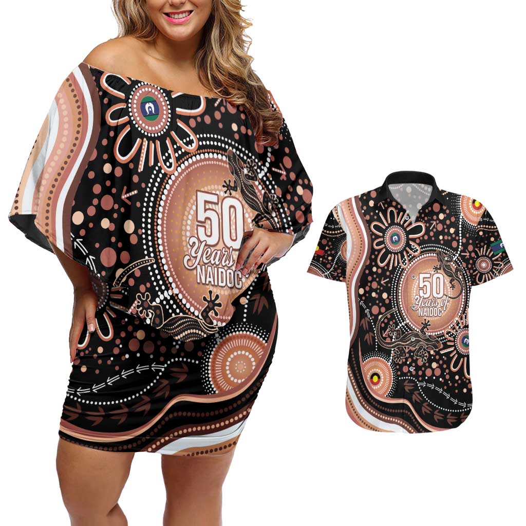 Australia NAIDOC Week Couples Matching Off Shoulder Short Dress and Hawaiian Shirt Happy 50th Anniversary Brown Version