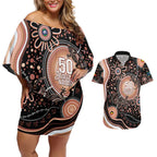 Australia NAIDOC Week Couples Matching Off Shoulder Short Dress and Hawaiian Shirt Happy 50th Anniversary Brown Version