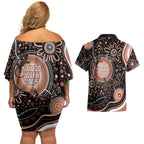 Australia NAIDOC Week Couples Matching Off Shoulder Short Dress and Hawaiian Shirt Happy 50th Anniversary Brown Version
