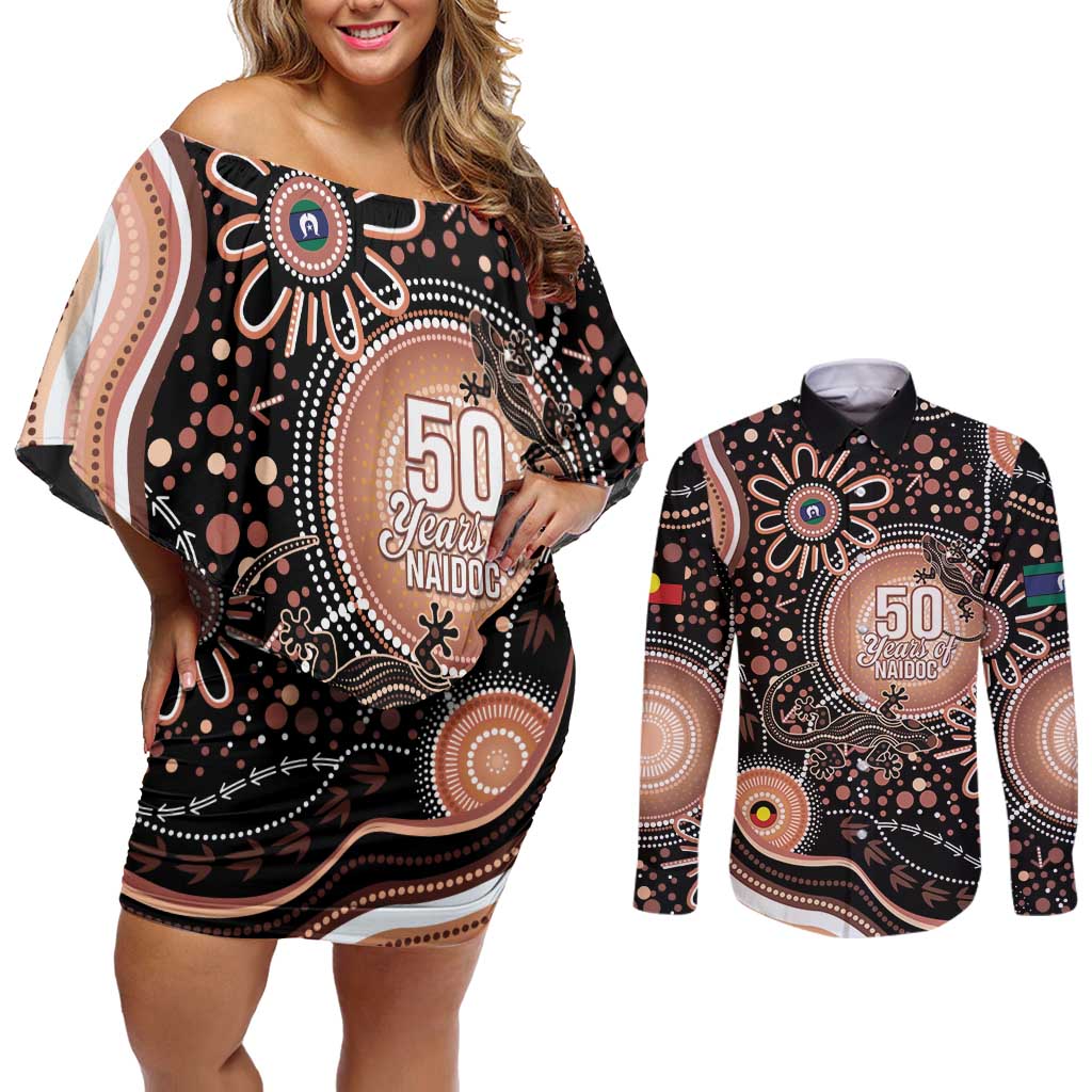 Australia NAIDOC Week Couples Matching Off Shoulder Short Dress and Long Sleeve Button Shirt Happy 50th Anniversary Brown Version