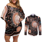 Australia NAIDOC Week Couples Matching Off Shoulder Short Dress and Long Sleeve Button Shirt Happy 50th Anniversary Brown Version