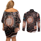 Australia NAIDOC Week Couples Matching Off Shoulder Short Dress and Long Sleeve Button Shirt Happy 50th Anniversary Brown Version