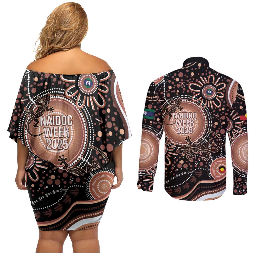 Australia NAIDOC Week Couples Matching Off Shoulder Short Dress and Long Sleeve Button Shirt Happy 50th Anniversary Brown Version