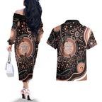 Australia NAIDOC Week Couples Matching Off The Shoulder Long Sleeve Dress and Hawaiian Shirt Happy 50th Anniversary Brown Version