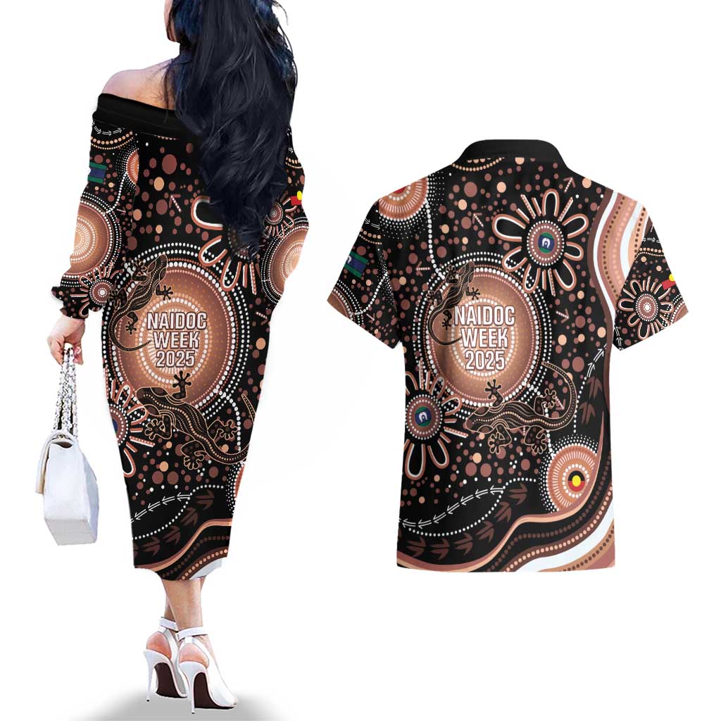 Australia NAIDOC Week Couples Matching Off The Shoulder Long Sleeve Dress and Hawaiian Shirt Happy 50th Anniversary Brown Version
