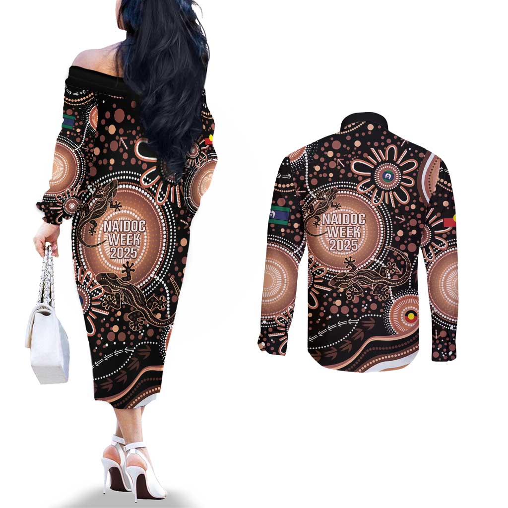 Australia NAIDOC Week Couples Matching Off The Shoulder Long Sleeve Dress and Long Sleeve Button Shirt Happy 50th Anniversary Brown Version