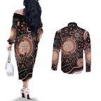 Australia NAIDOC Week Couples Matching Off The Shoulder Long Sleeve Dress and Long Sleeve Button Shirt Happy 50th Anniversary Brown Version