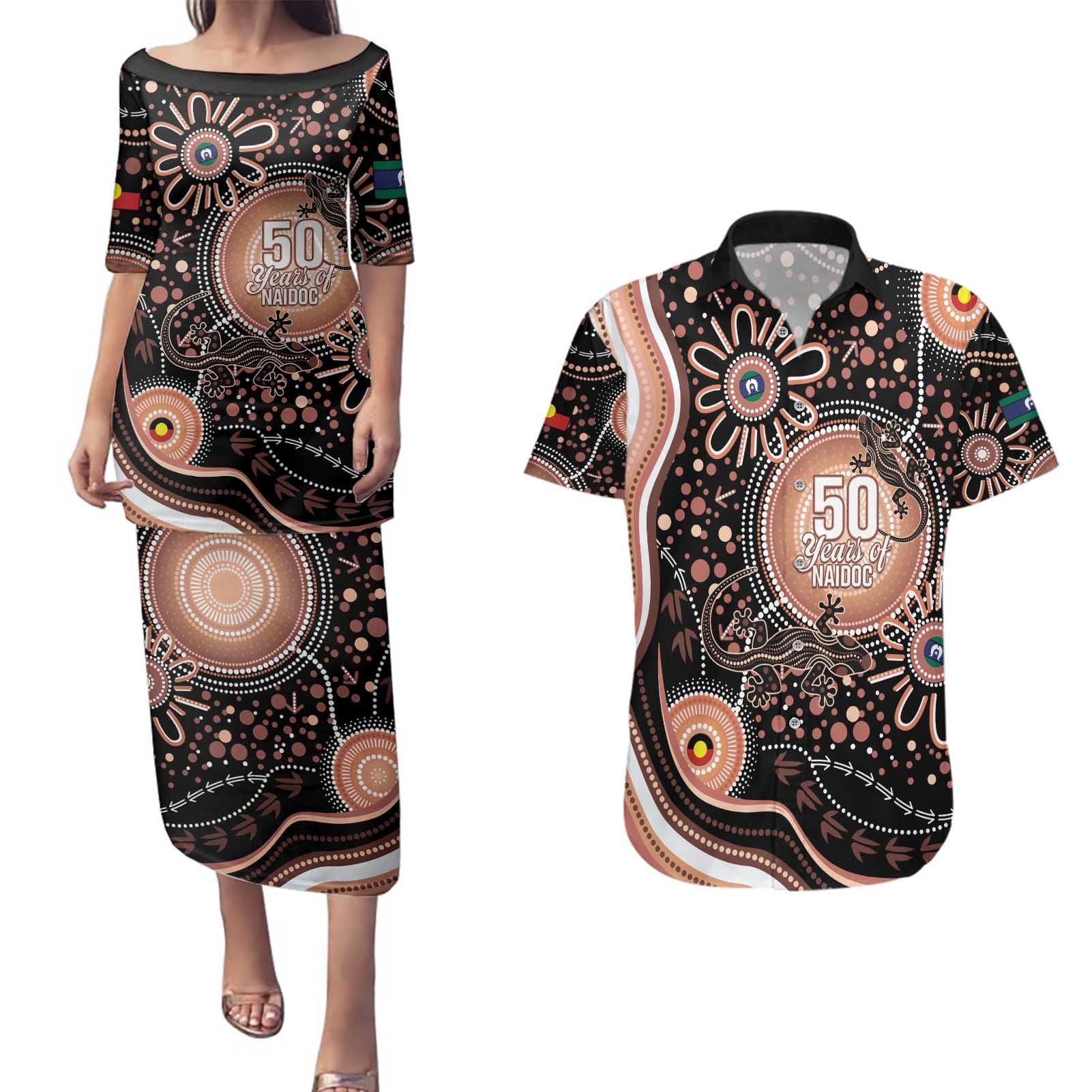 Australia NAIDOC Week Couples Matching Puletasi and Hawaiian Shirt Happy 50th Anniversary Brown Version