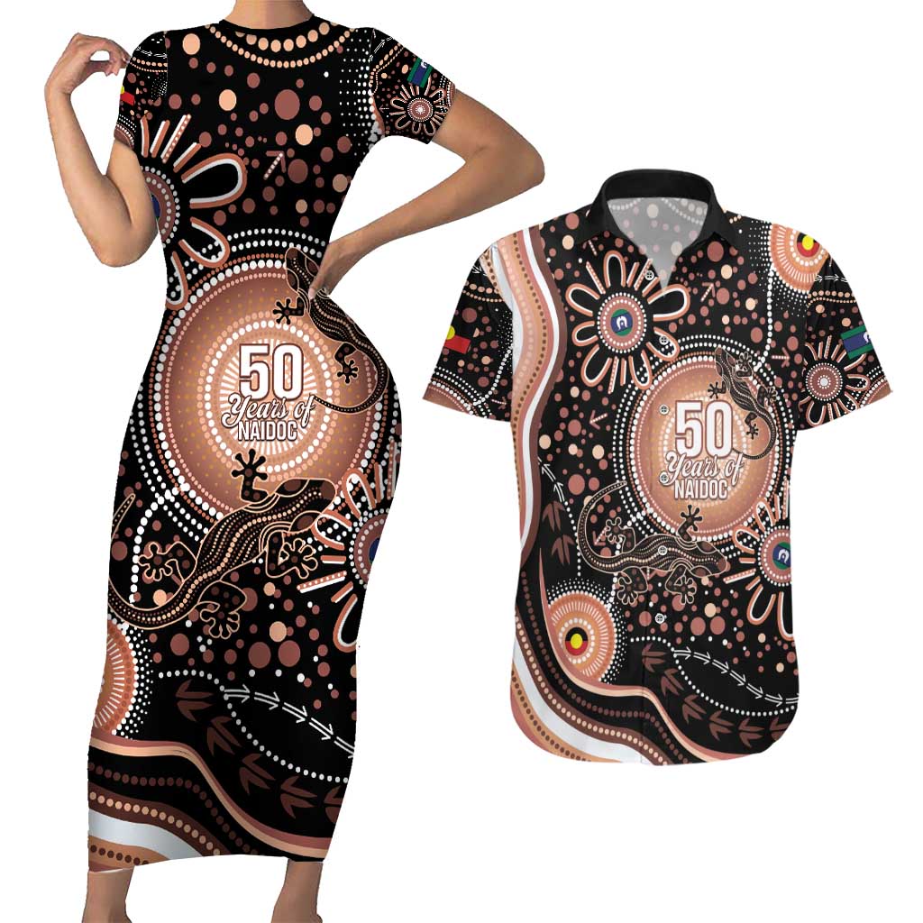 Australia NAIDOC Week Couples Matching Short Sleeve Bodycon Dress and Hawaiian Shirt Happy 50th Anniversary Brown Version