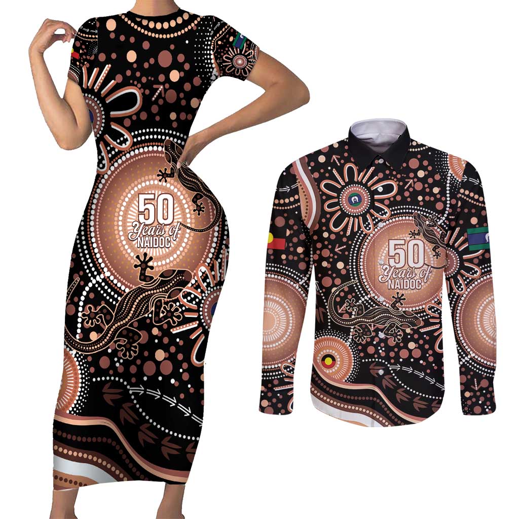 Australia NAIDOC Week Couples Matching Short Sleeve Bodycon Dress and Long Sleeve Button Shirt Happy 50th Anniversary Brown Version