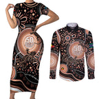 Australia NAIDOC Week Couples Matching Short Sleeve Bodycon Dress and Long Sleeve Button Shirt Happy 50th Anniversary Brown Version