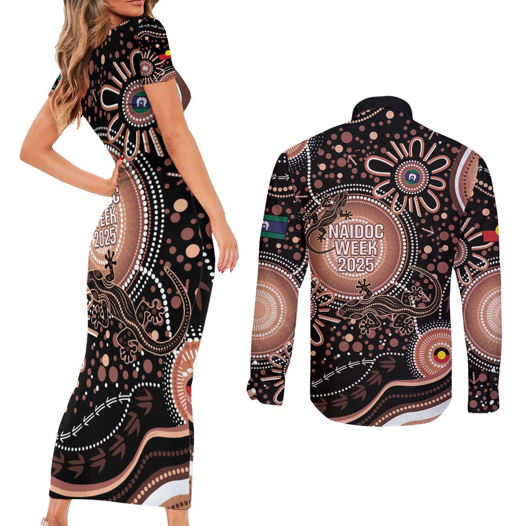Australia NAIDOC Week Couples Matching Short Sleeve Bodycon Dress and Long Sleeve Button Shirt Happy 50th Anniversary Brown Version
