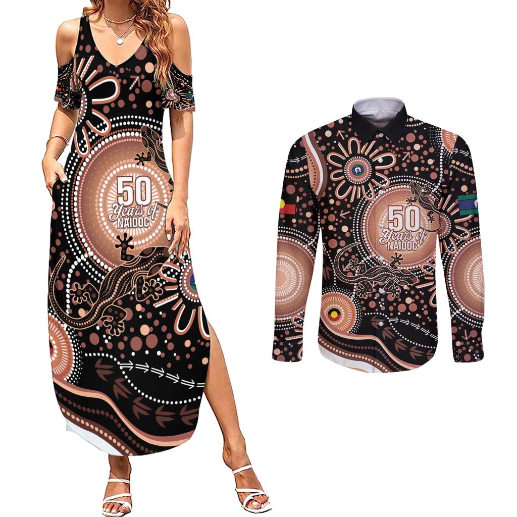 Australia NAIDOC Week Couples Matching Summer Maxi Dress and Long Sleeve Button Shirt Happy 50th Anniversary Brown Version