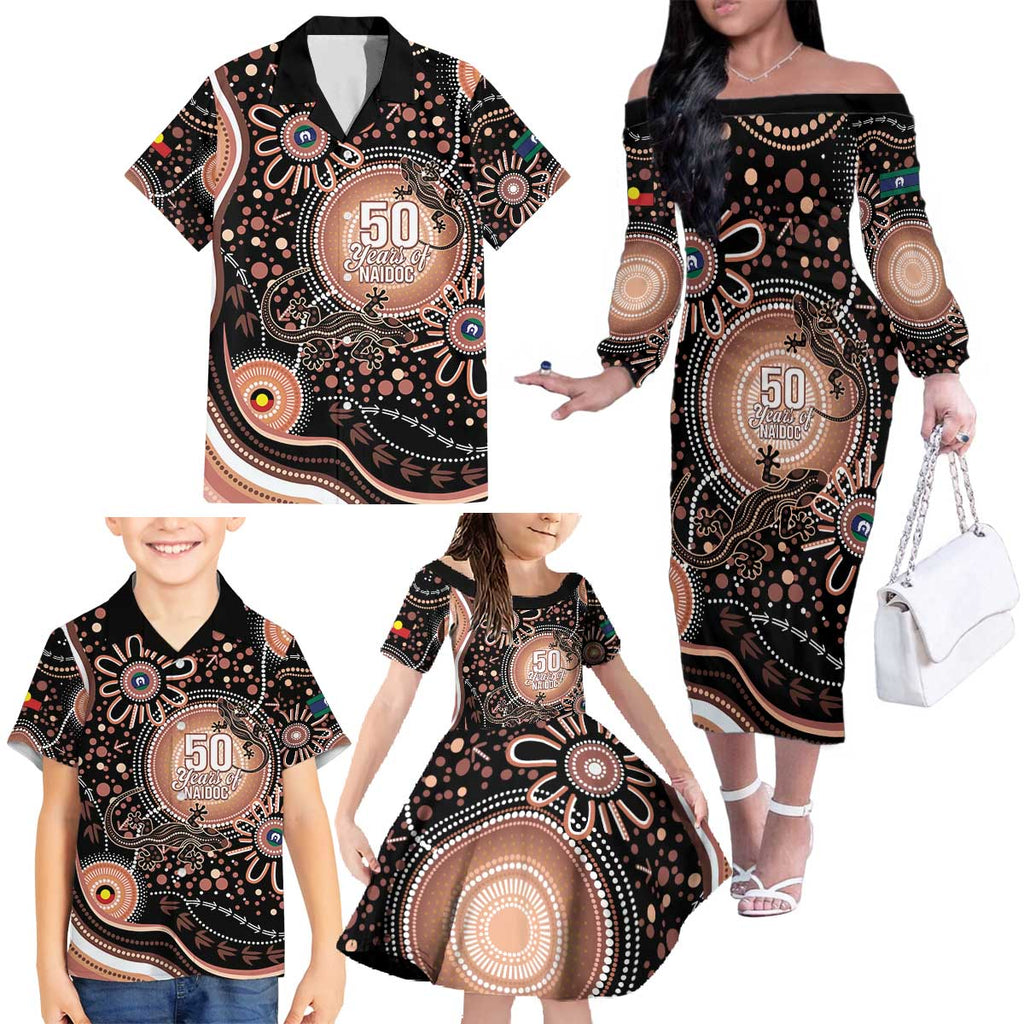 Australia NAIDOC Week Family Matching Off The Shoulder Long Sleeve Dress and Hawaiian Shirt Happy 50th Anniversary Brown Version