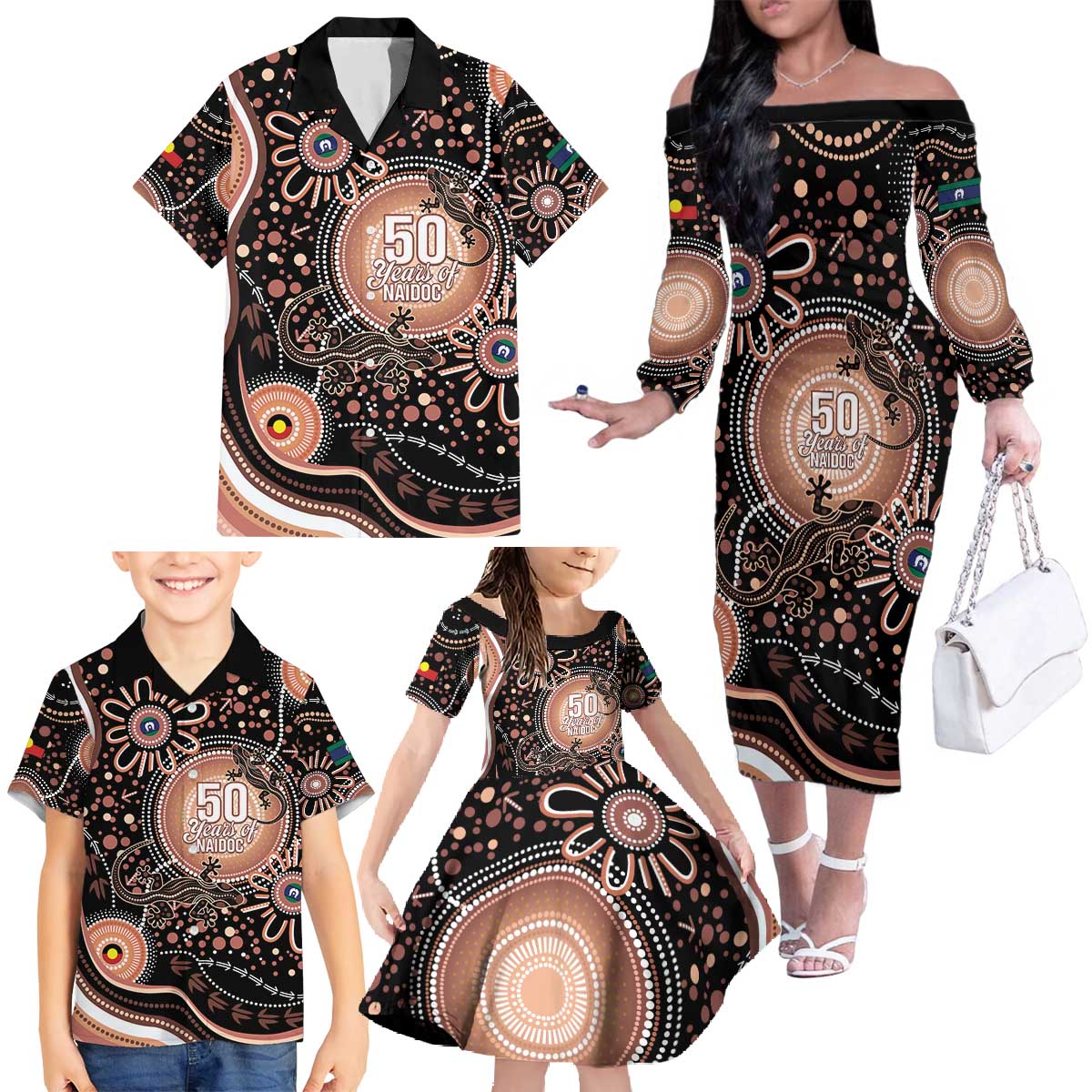 Australia NAIDOC Week Family Matching Off The Shoulder Long Sleeve Dress and Hawaiian Shirt Happy 50th Anniversary Brown Version