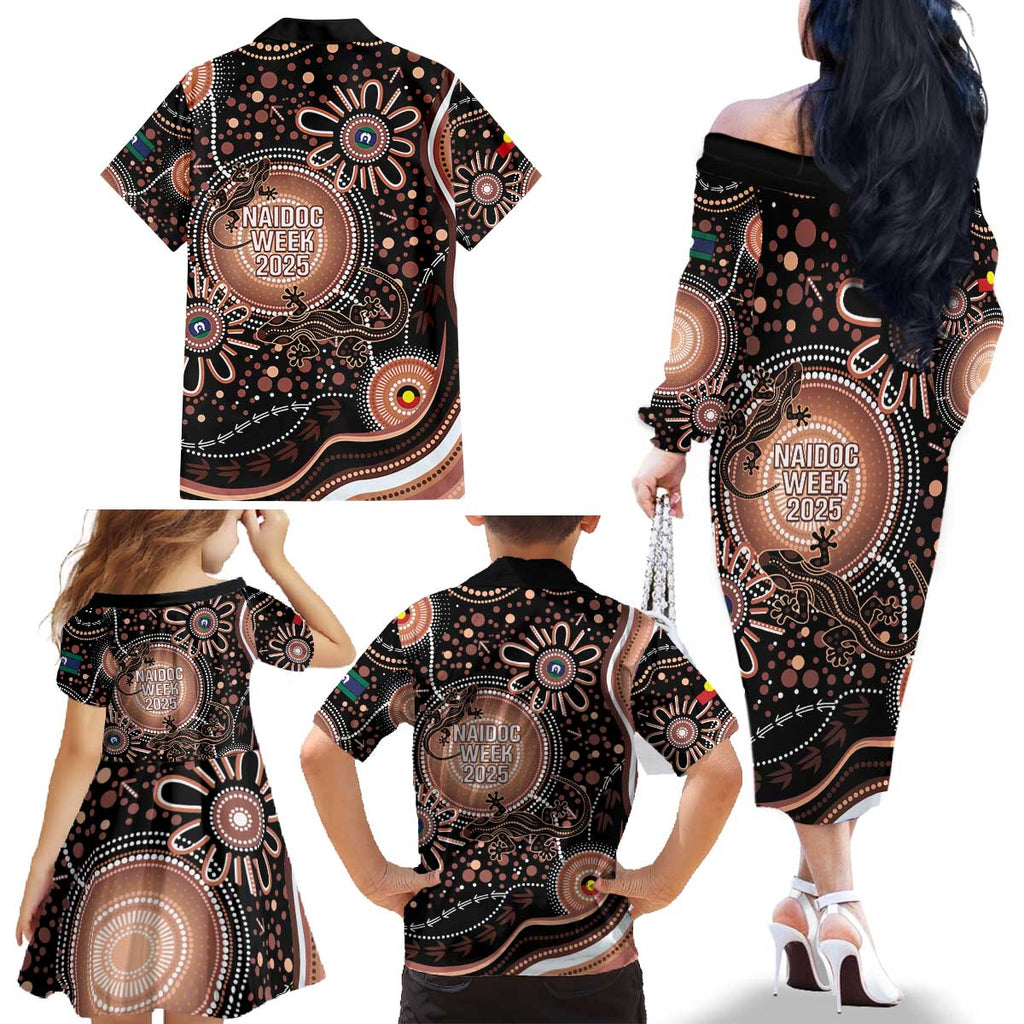 Australia NAIDOC Week Family Matching Off The Shoulder Long Sleeve Dress and Hawaiian Shirt Happy 50th Anniversary Brown Version