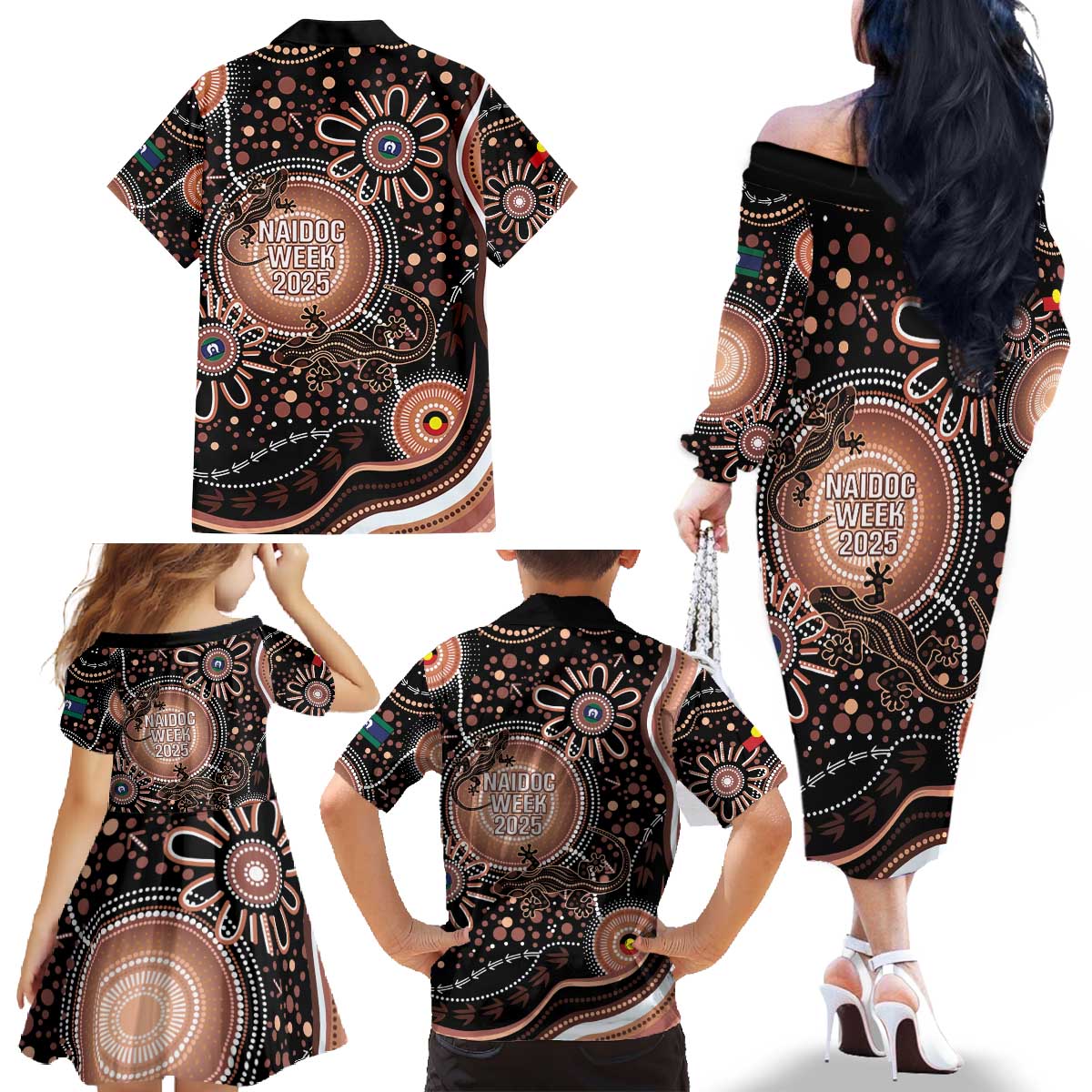Australia NAIDOC Week Family Matching Off The Shoulder Long Sleeve Dress and Hawaiian Shirt Happy 50th Anniversary Brown Version