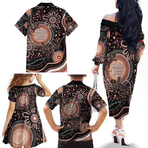 Australia NAIDOC Week Family Matching Off The Shoulder Long Sleeve Dress and Hawaiian Shirt Happy 50th Anniversary Brown Version