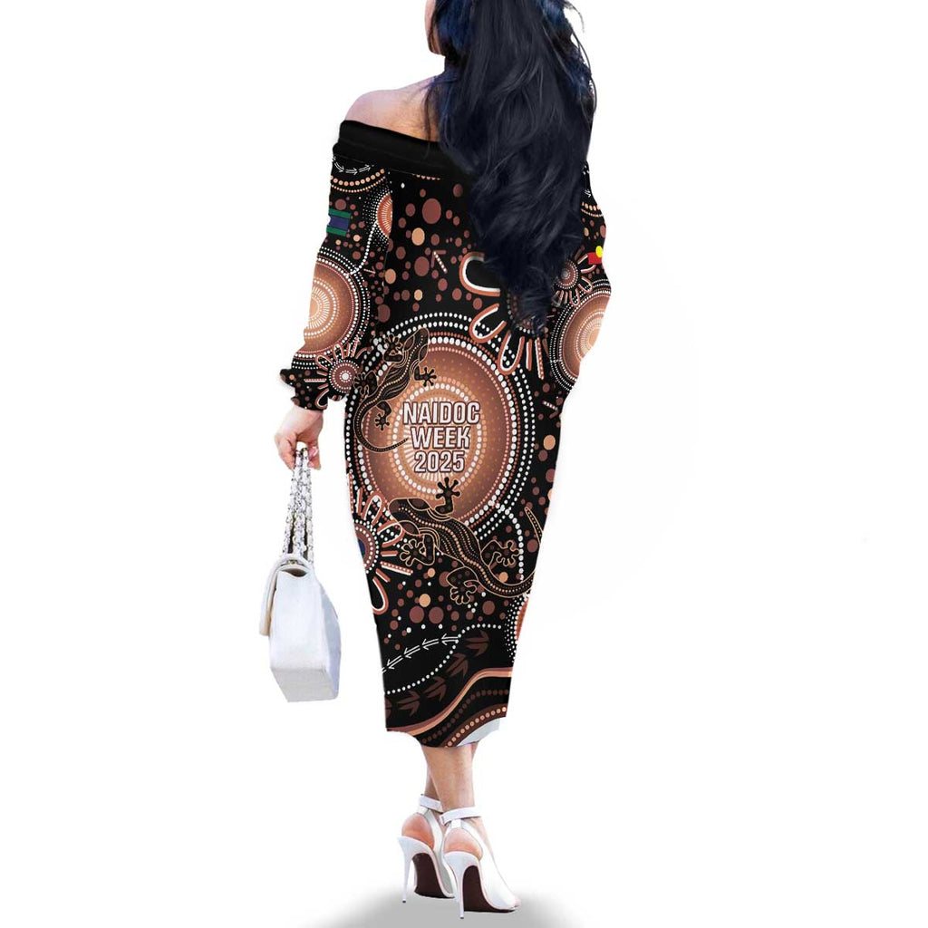 Australia NAIDOC Week Family Matching Off The Shoulder Long Sleeve Dress and Hawaiian Shirt Happy 50th Anniversary Brown Version