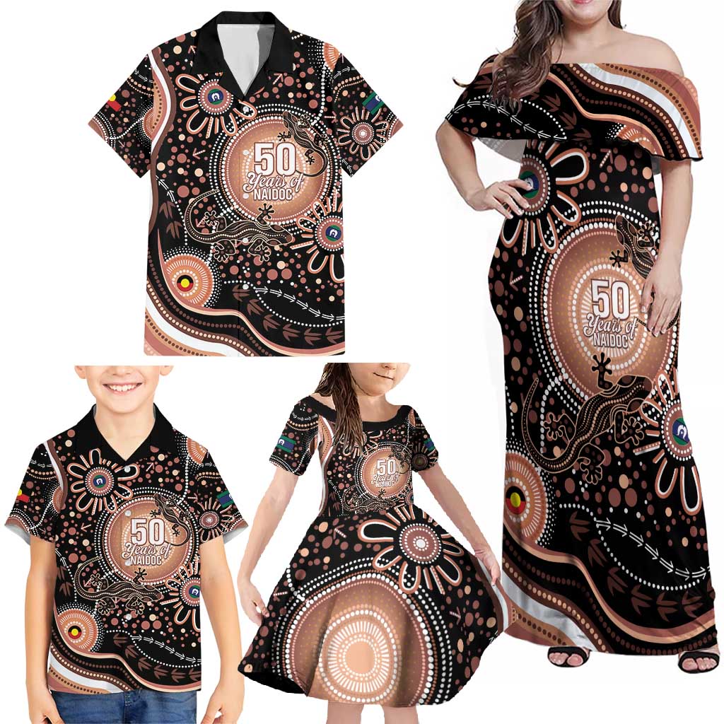 Australia NAIDOC Week Family Matching Off Shoulder Maxi Dress and Hawaiian Shirt Happy 50th Anniversary Brown Version