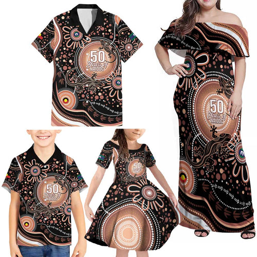 Australia NAIDOC Week Family Matching Off Shoulder Maxi Dress and Hawaiian Shirt Happy 50th Anniversary Brown Version