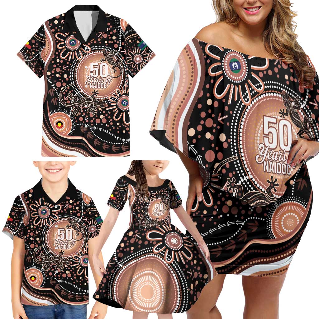 Australia NAIDOC Week Family Matching Off Shoulder Short Dress and Hawaiian Shirt Happy 50th Anniversary Brown Version