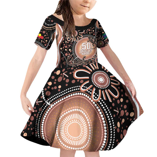 Australia NAIDOC Week Family Matching Off Shoulder Short Dress and Hawaiian Shirt Happy 50th Anniversary Brown Version
