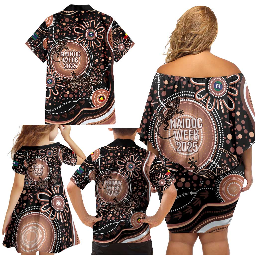 Australia NAIDOC Week Family Matching Off Shoulder Short Dress and Hawaiian Shirt Happy 50th Anniversary Brown Version