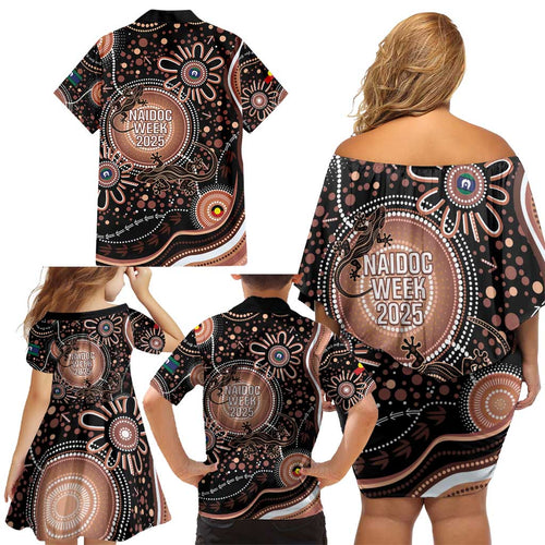 Australia NAIDOC Week Family Matching Off Shoulder Short Dress and Hawaiian Shirt Happy 50th Anniversary Brown Version