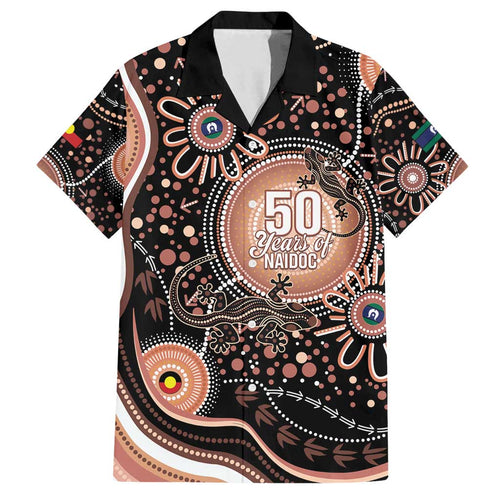 Australia NAIDOC Week Family Matching Off Shoulder Short Dress and Hawaiian Shirt Happy 50th Anniversary Brown Version