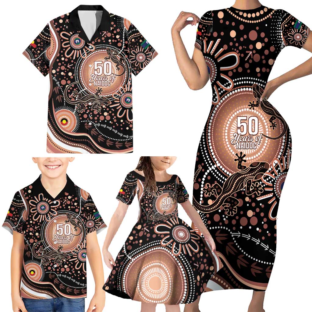 Australia NAIDOC Week Family Matching Short Sleeve Bodycon Dress and Hawaiian Shirt Happy 50th Anniversary Brown Version