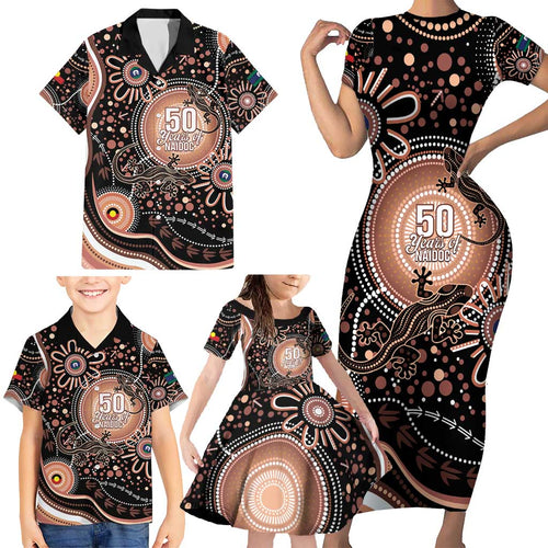 Australia NAIDOC Week Family Matching Short Sleeve Bodycon Dress and Hawaiian Shirt Happy 50th Anniversary Brown Version