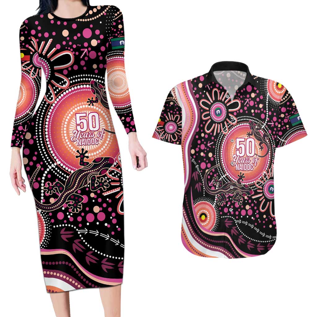 Australia NAIDOC Week Couples Matching Long Sleeve Bodycon Dress and Hawaiian Shirt Happy 50th Anniversary Pink Version