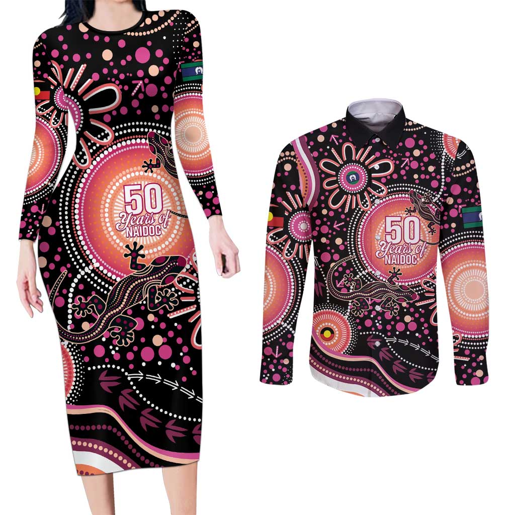 Australia NAIDOC Week Couples Matching Long Sleeve Bodycon Dress and Long Sleeve Button Shirt Happy 50th Anniversary Pink Version
