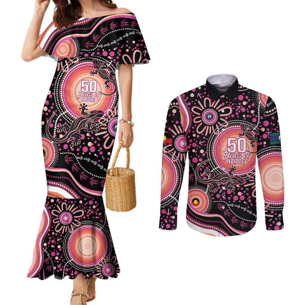 Australia NAIDOC Week Couples Matching Mermaid Dress and Long Sleeve Button Shirt Happy 50th Anniversary Pink Version