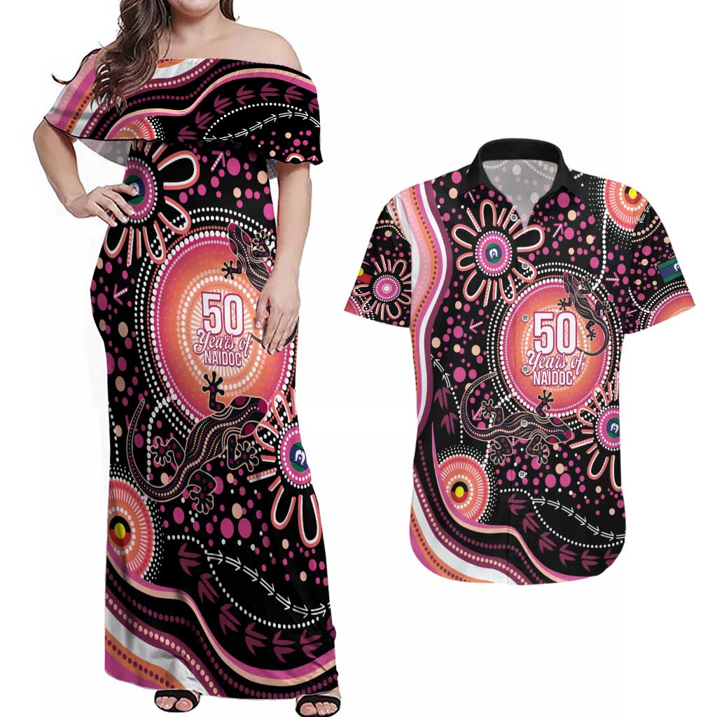 Australia NAIDOC Week Couples Matching Off Shoulder Maxi Dress and Hawaiian Shirt Happy 50th Anniversary Pink Version
